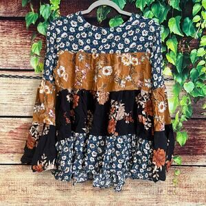 Ces Femme Floral Bell Sleeve Colorblock Tunic Women's Medium Top Blouse